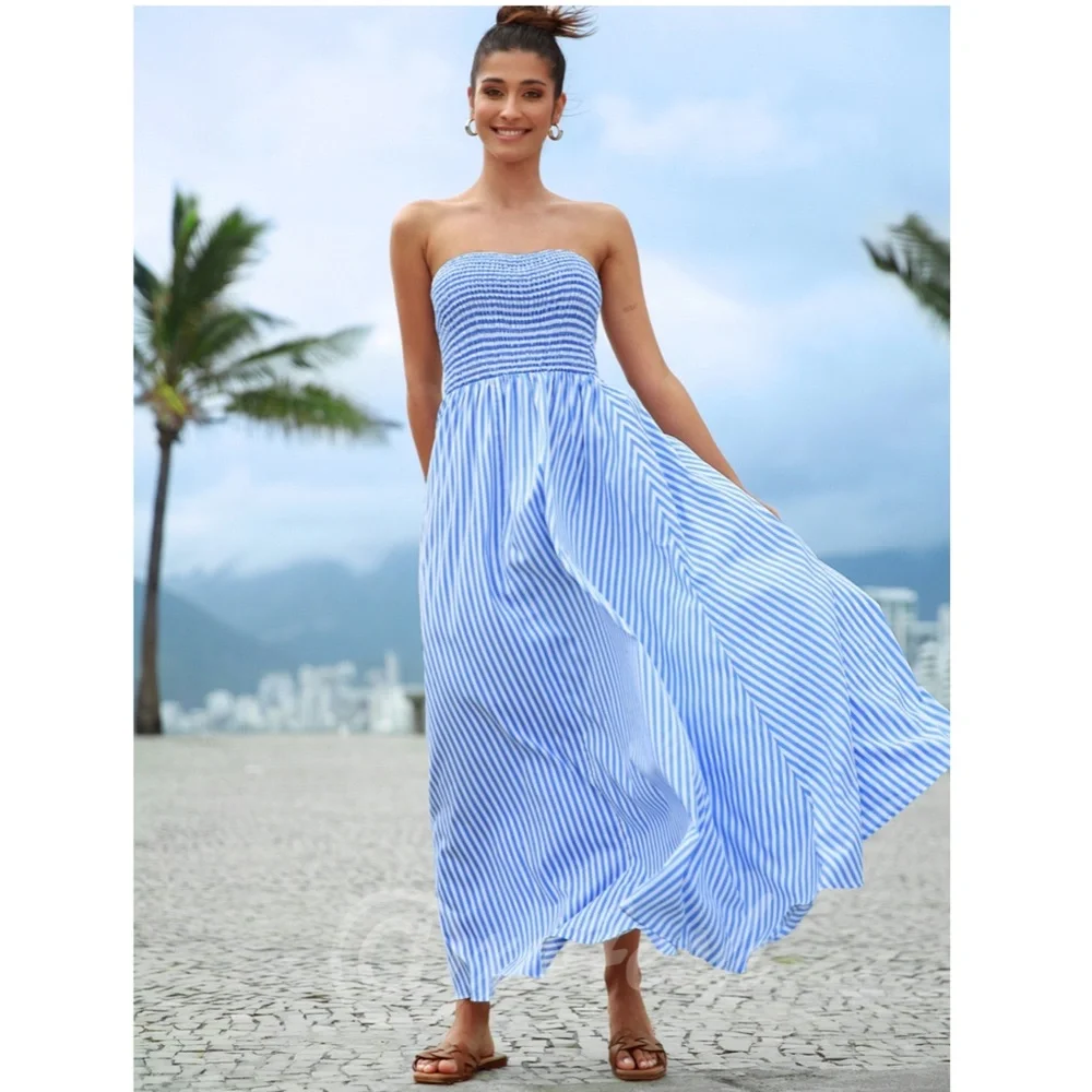 Striped Blue White Maxi Dress Strapless - Picture 5 of 6